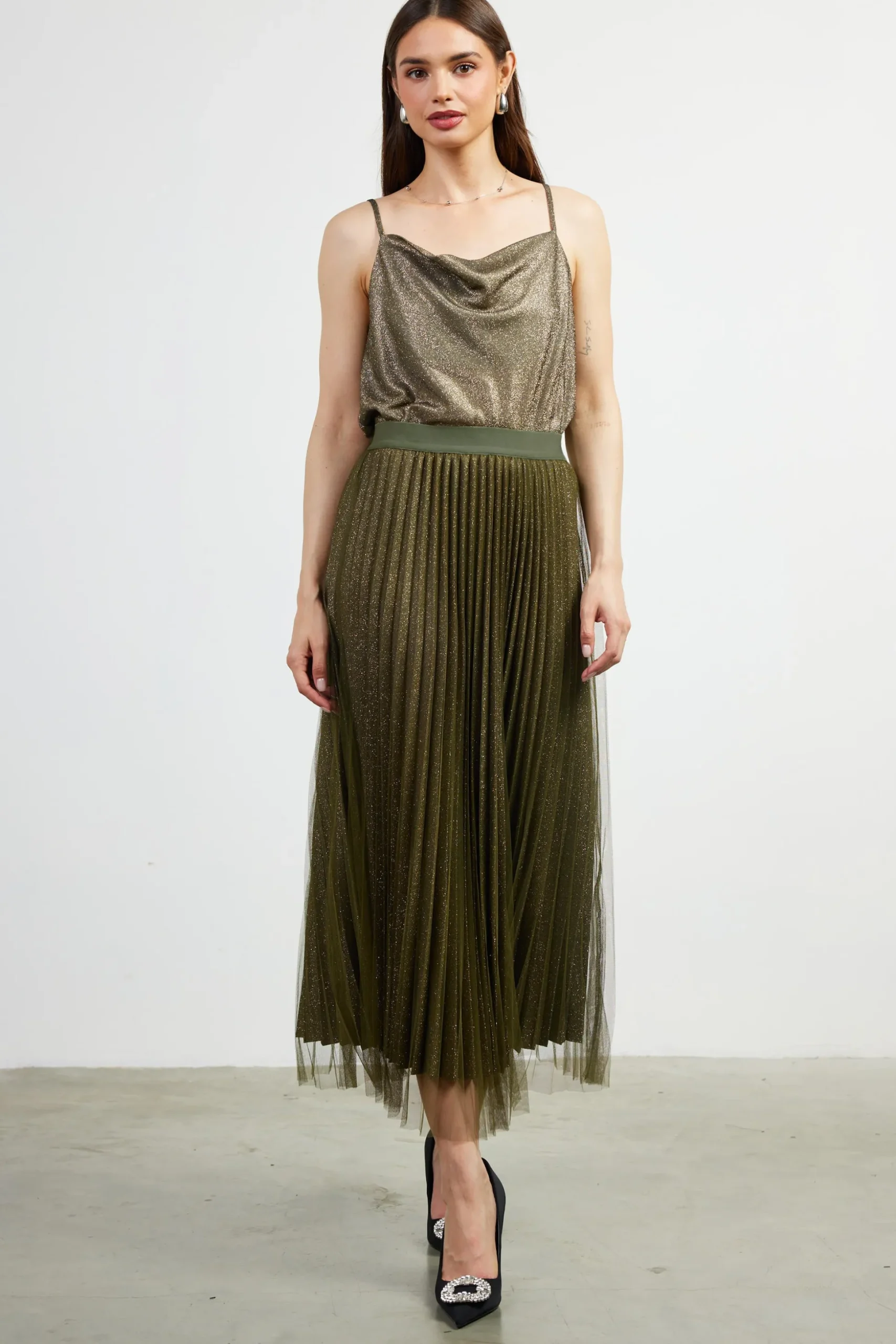 Shimmery Pleated Midi Skirt