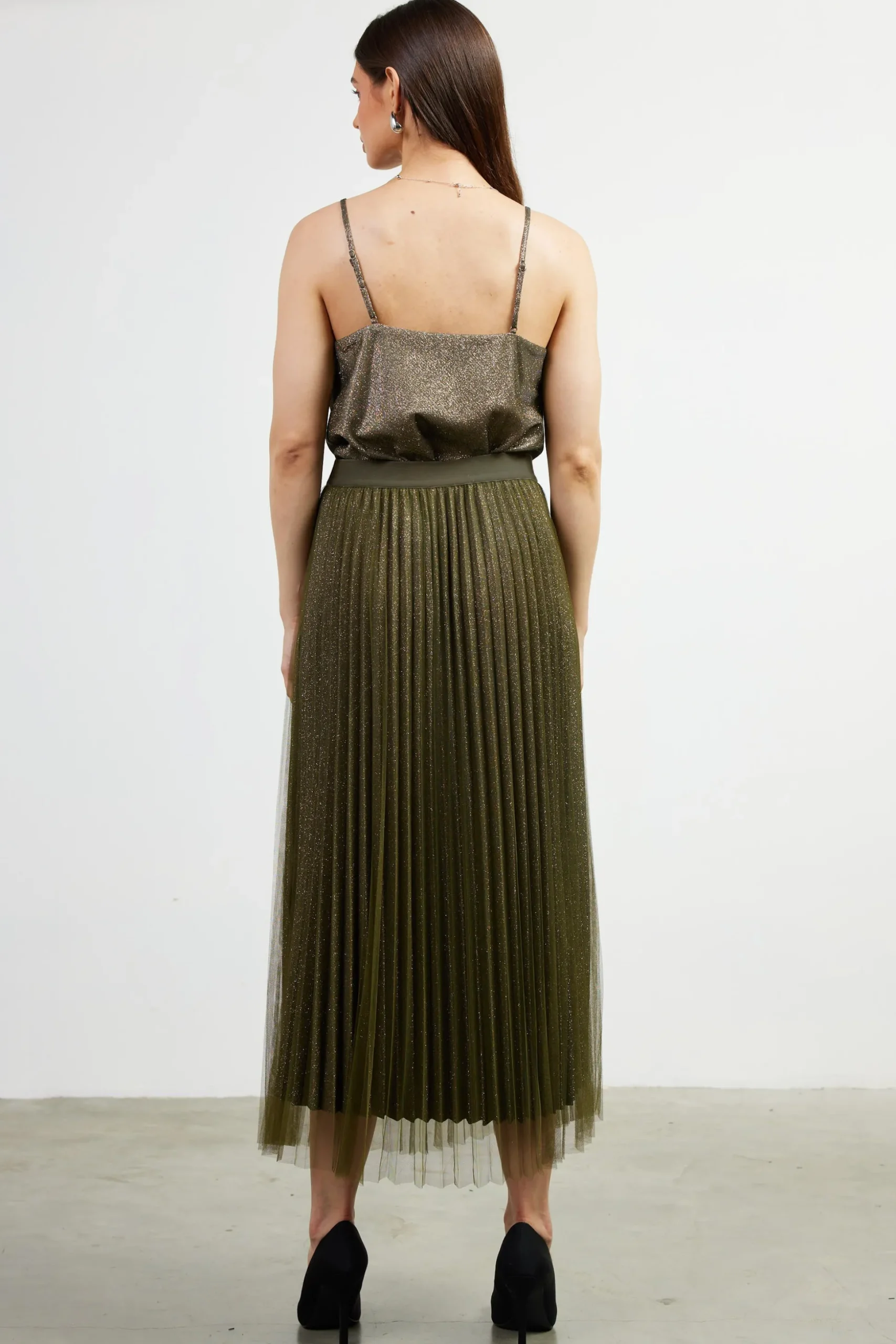 Shimmery Pleated Midi Skirt