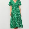 Shirred Shoulder Print Midi Dress