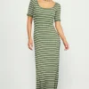 Short Sleeve Striped Knit Maxi Dress