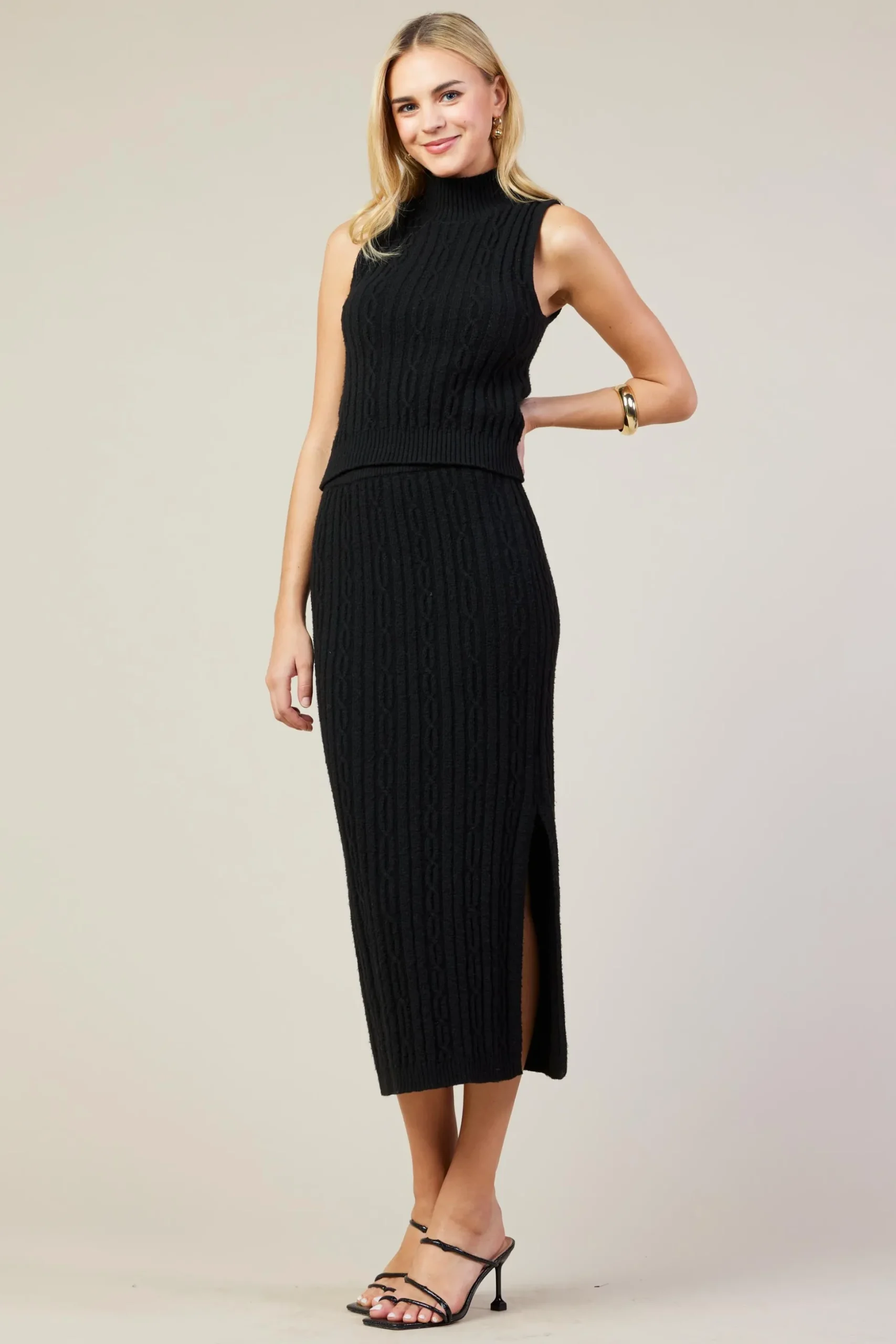 Sleeveless Mock Neck Cable Knit Sweater