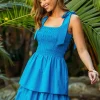 Smocked Bodice Ribbon Detail Tiered Midi Dress