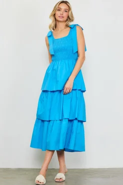 Smocked Bodice Ribbon Detail Tiered Midi Dress