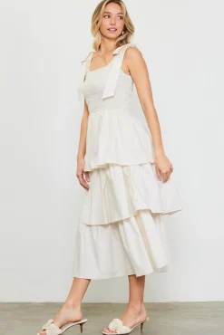 Smocked Bodice Ribbon Detail Tiered Midi Dress