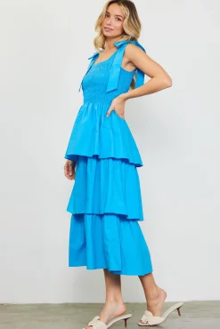 Smocked Bodice Ribbon Detail Tiered Midi Dress