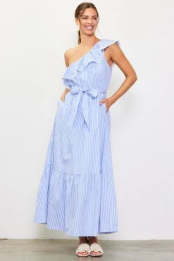 Striped One Shoulder Ruffle Dress