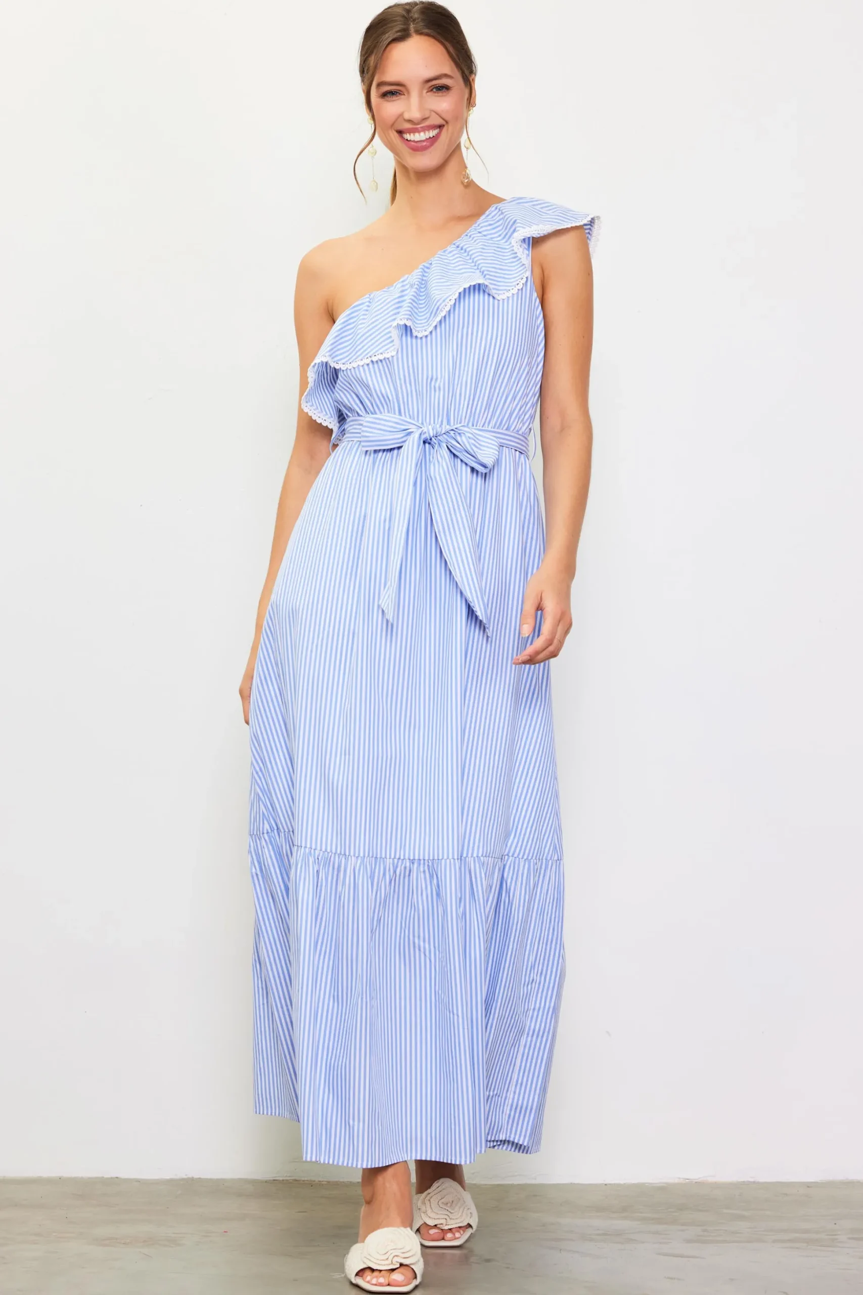 Striped One Shoulder Ruffle Dress