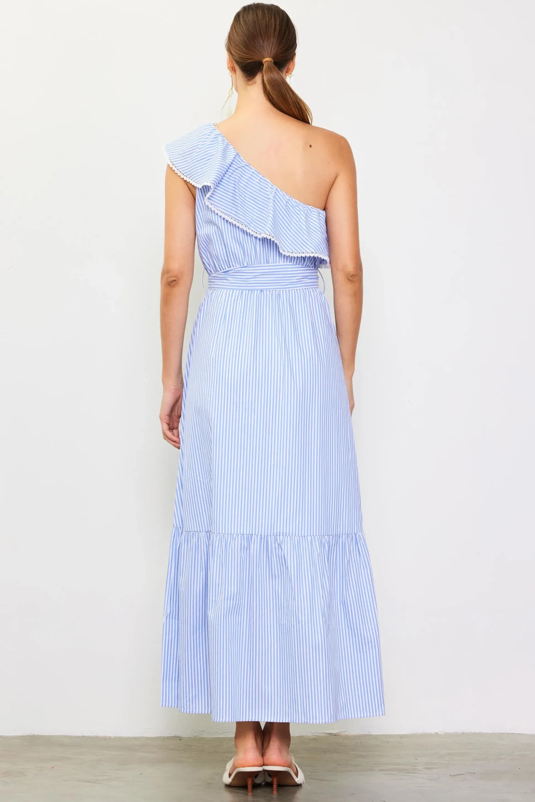 Striped One Shoulder Ruffle Dress