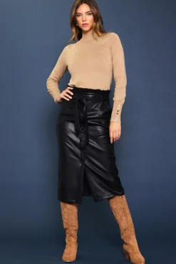 Vegan Leather Front Tie Midi Skirt