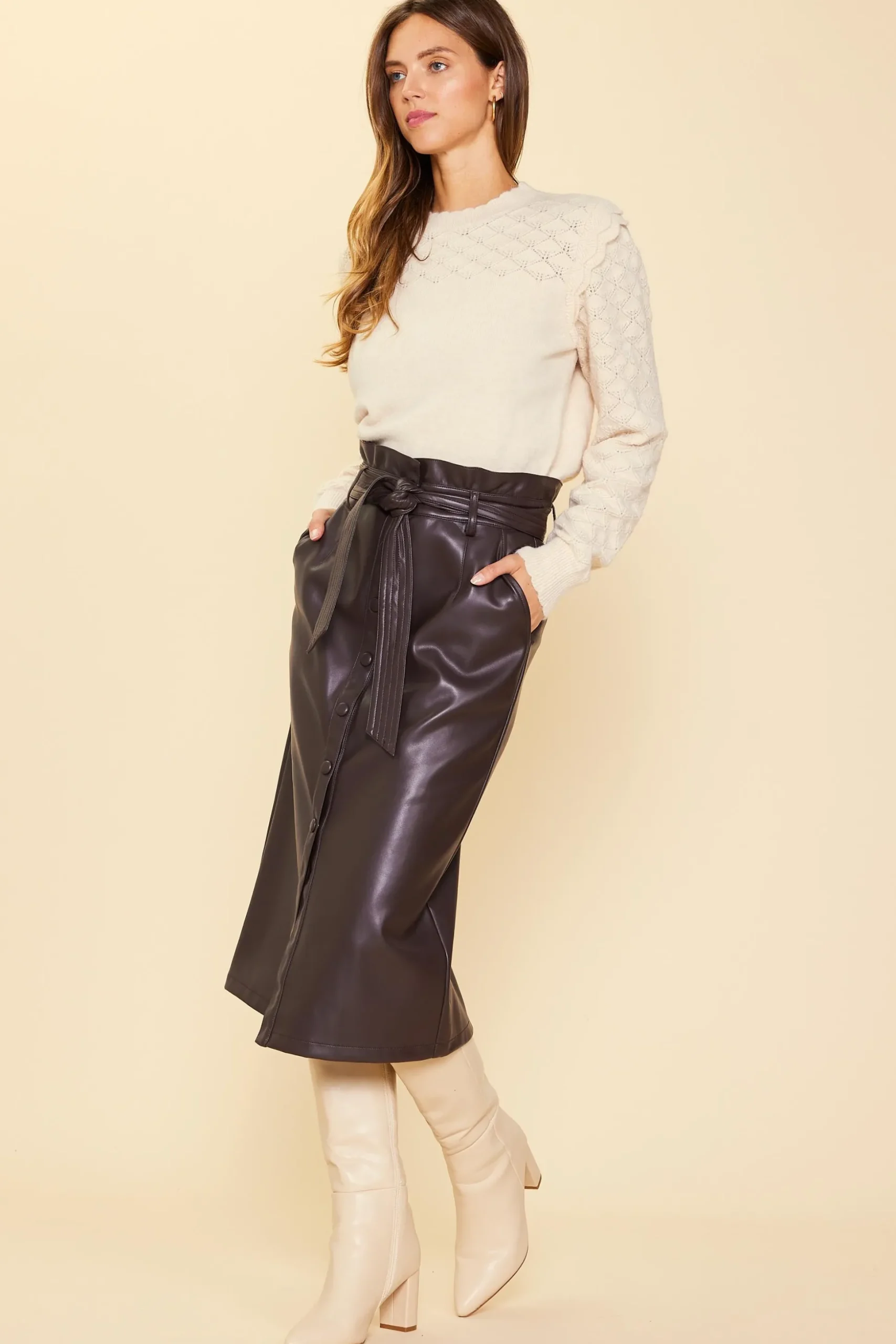 Vegan Leather Front Tie Midi Skirt