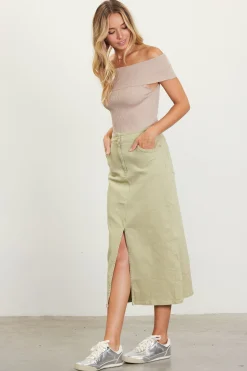 Washed Cotton Twill Midi Skirt